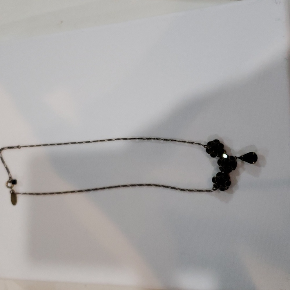 Liz Palacios Black Crystal Cluster Three Flower  Necklace Brass Antique